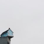 Photo of small blue house perched on edge of a cement dock.