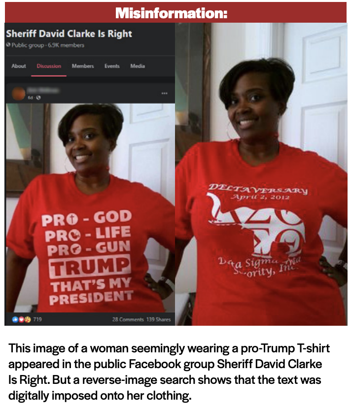 This image of a woman seemingly wearing a pro-Trump T-shirt appeared in the public Facebook group Sheriff David Clarke Is Right. But a reverse-image search shows that the text was digitally imposed onto her clothing.