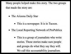 Screen shot of plain language translation describing who the Arizona Daily Star is and who the Local Reporting Network of ProPublica is.