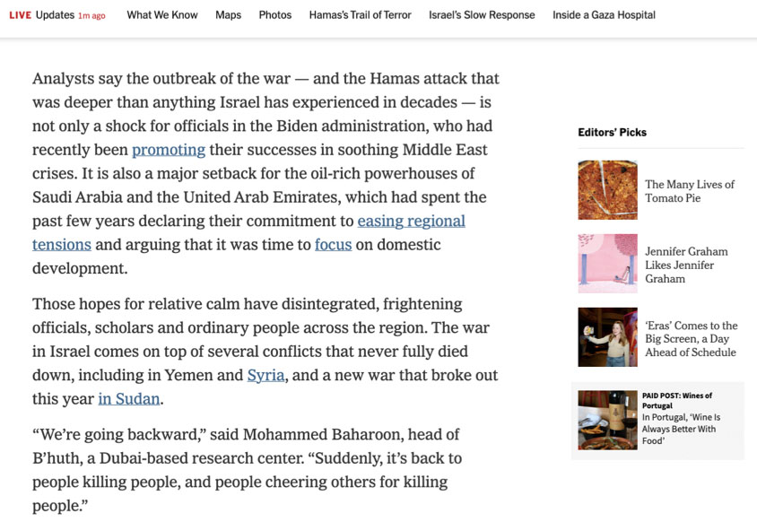 Screen shot showing the New York Times' "Live Updates" page with reported information about the outbreak of the Israel-Hamas War with a strip of four "Editor's Picks" running alongside the right side of the page, the last one reading "Paid Post: Wines of Portugal."