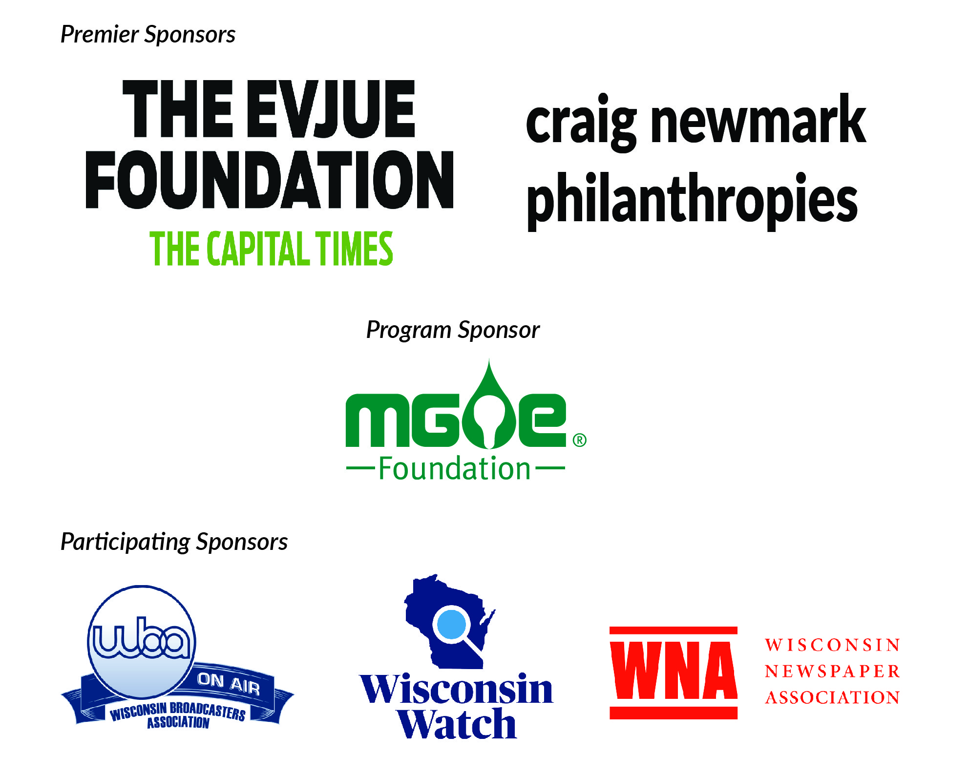Logos for all sponsors including Premier Sponsors, The Evjue Foundation (The Capital Times), Craig Newark Philanthropies; Program Sponsor: MG&E Foundation; Participating Sponsors, Wisconsin Broadcasters Association, Wisconsin Watch, Wisconsin Newspaper Association